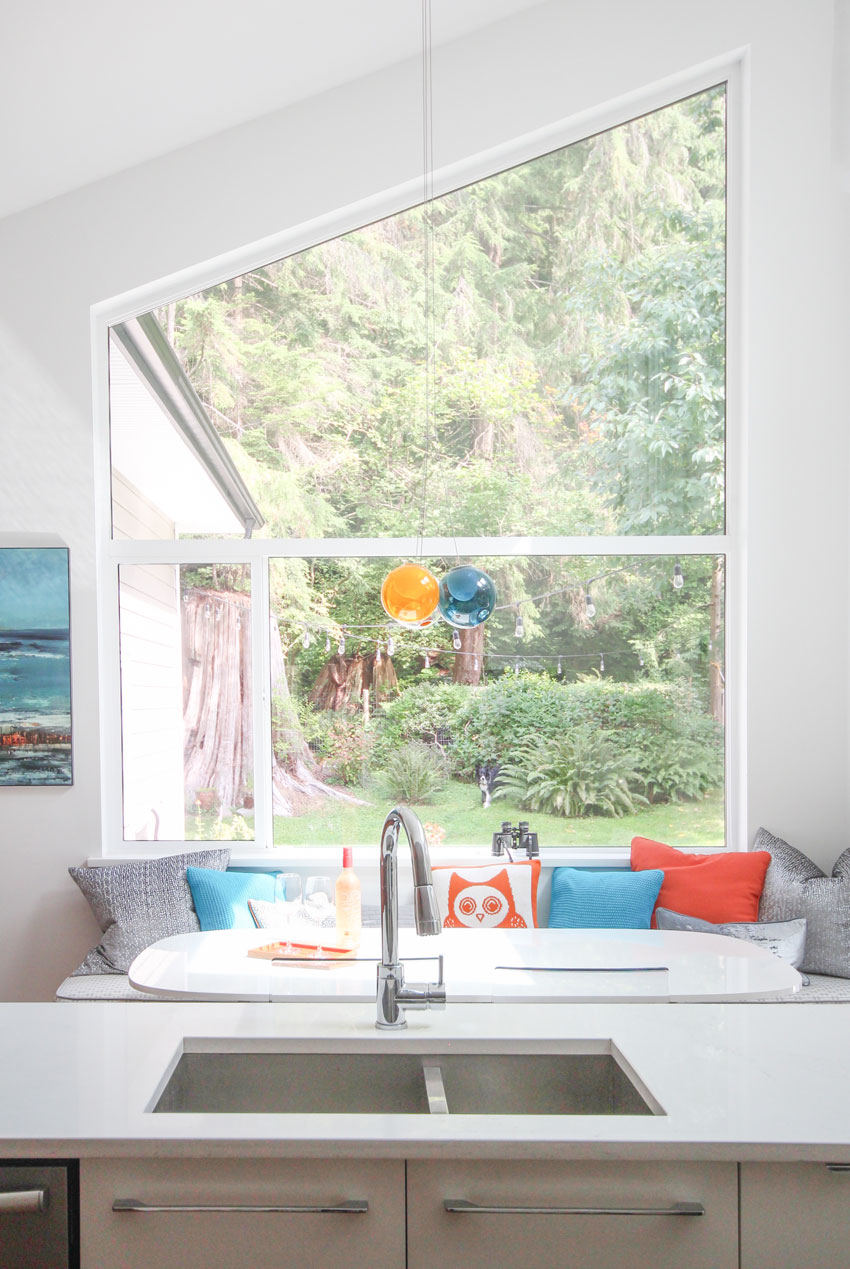 kitchen renovation | angle top shaped window with view from kitchen sink